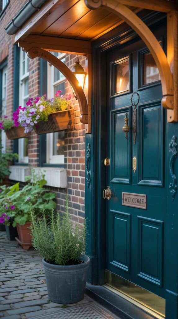 Stylish front door with a wooden canopy and warm lighting