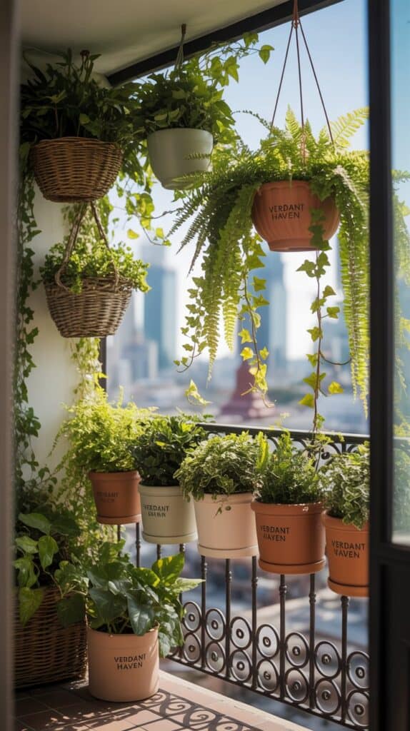 Ceramic and woven planters hanging from balcony railings and ceilings, filled with trailing greenery.
