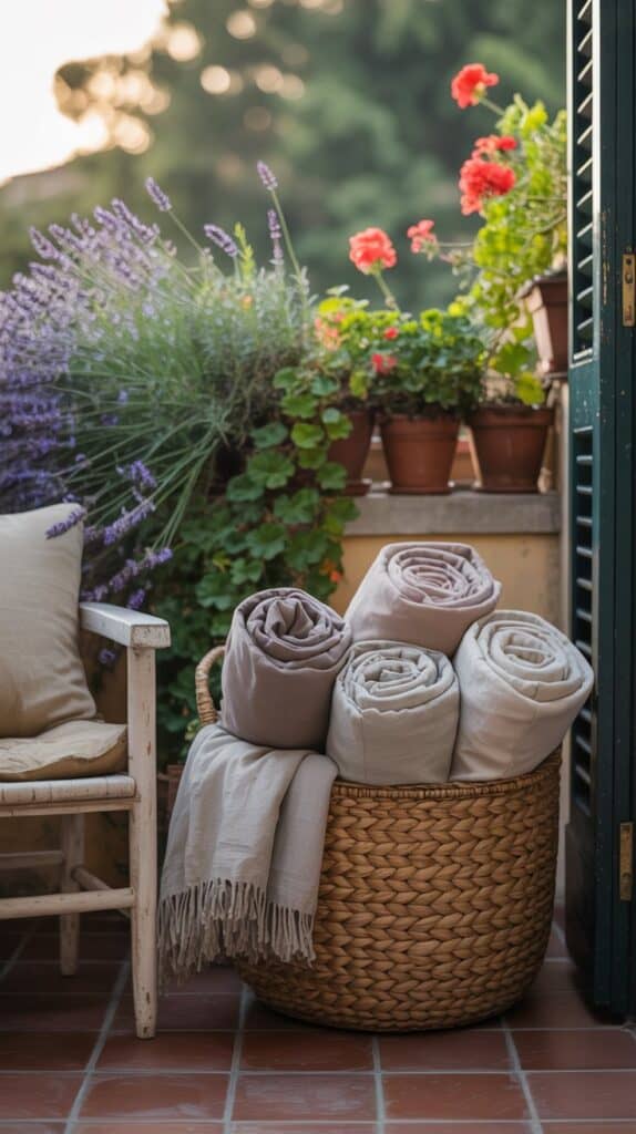 A woven basket filled with rolled-up throws, tucked beside a chair on a tiny balcony.
