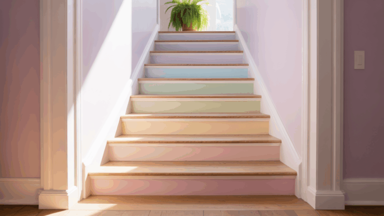 A modern interior staircase with pastel rainbow-colored risers ascending from bottom to top. The stairs feature a gradient of colors including pink, coral, yellow, light green, turquoise, and lavender, each riser painted in a different shade. The staircase has white balusters and handrail on both sides, with decorative turned balusters featuring a classic spindle design. The walls are painted in a light neutral color, creating a clean backdrop for the colorful stairs. The lighting in the image is soft and even, casting subtle shadows on the white railings. The stairs are made of hardwood with a smooth finish, and each step has a white nosing. The image is shot from a straight-on perspective, showing the full height of the staircase from bottom to top. The composition is balanced and symmetrical, with the white railings creating strong vertical lines that contrast with the soft, flowing colors of the risers.