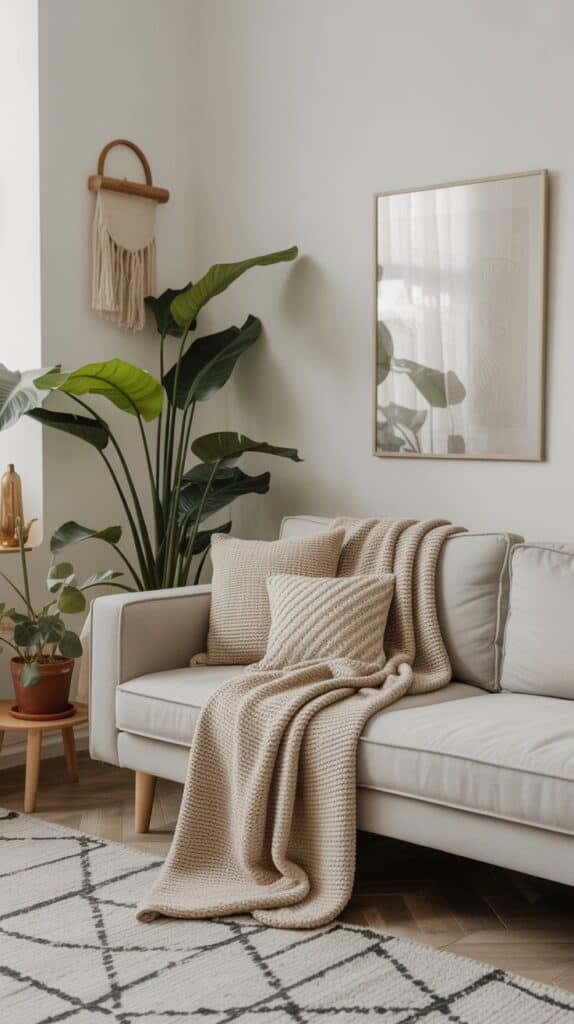 A Scandinavian living room featuring a minimalist design with cozy textiles, including a light sofa, knitted throw, and potted plants.