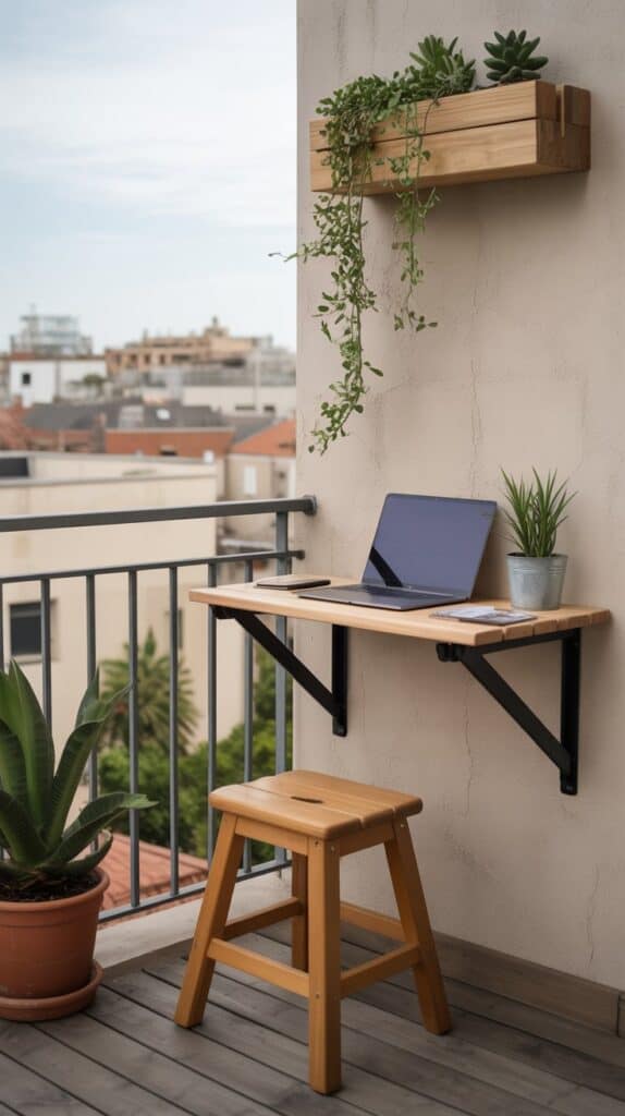 A slim wooden wall-mounted table attached to the railing, paired with a stool and a laptop.
