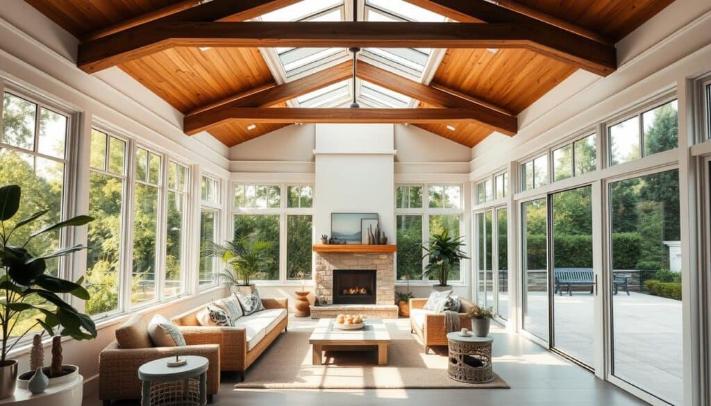 a well-lit, airy sunroom with large windows and skylights, filled with natural light and lush greenery. the space is designed with a mix of modern and rustic elements, featuring a cozy seating area with plush furniture, wooden beams, and a minimalist fireplace. the room opens up to a serene outdoor patio, blending the boundaries between indoor and outdoor living. the overall atmosphere is one of tranquility and relaxation, with carefully curated decor and strategic lighting to create a calming, restorative ambiance.