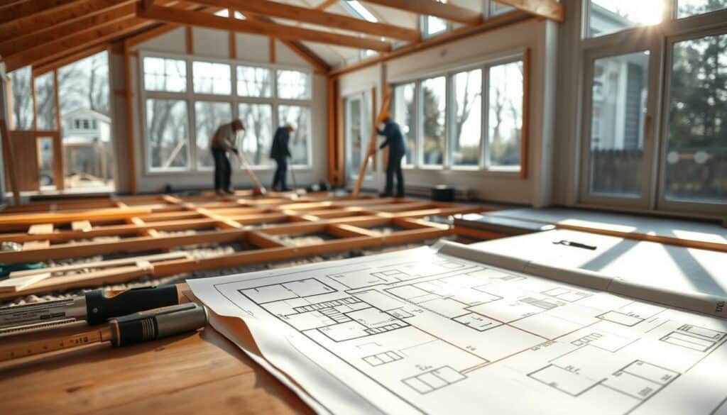 a well-lit sunroom construction site, with a carefully planned layout and design. the foreground shows a blueprint or architectural plan laid out on a table, surrounded by construction tools and materials. the middle ground features workers carefully measuring and marking the site, preparing the foundation and framing. the background depicts the existing home structure, with natural light streaming in through large windows, hinting at the future sunroom's bright and airy atmosphere. the overall scene conveys a sense of thoughtful planning and preparation, setting the stage for a beautiful and functional sunroom addition.