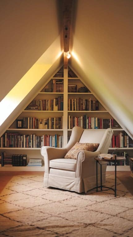 Cozy attic reading nook with a comfortable chair, bookshelves, and warm lighting.