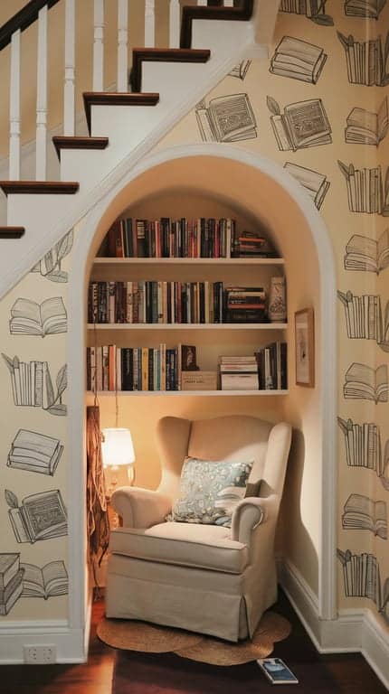 Cozy reading nook under the stairs with a chair, bookshelves, and warm lighting.