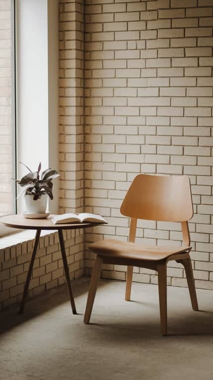 A minimalist reading nook with a wooden chair, small table, open book, and a potted plant by a window.