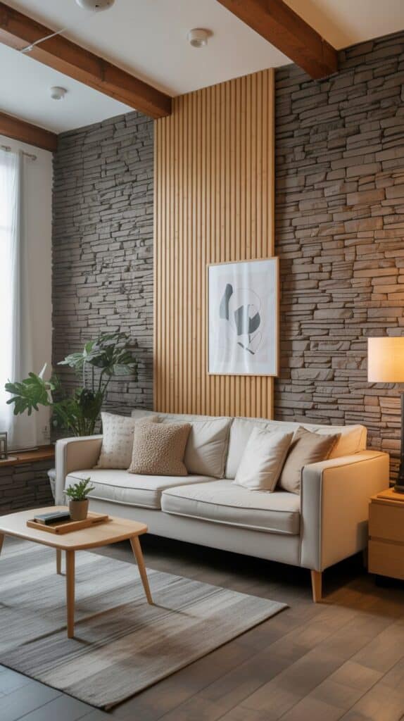 Scandinavian living room with textured wooden and stone walls, featuring a cozy sofa and minimalist decor.