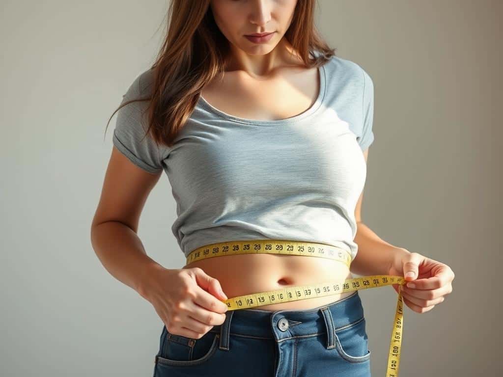 write an image prompt of a woman measuring her waitline and looking concerned of weight gain write an image prompt of a woman measuring her waitline and looking concerned of weight gain