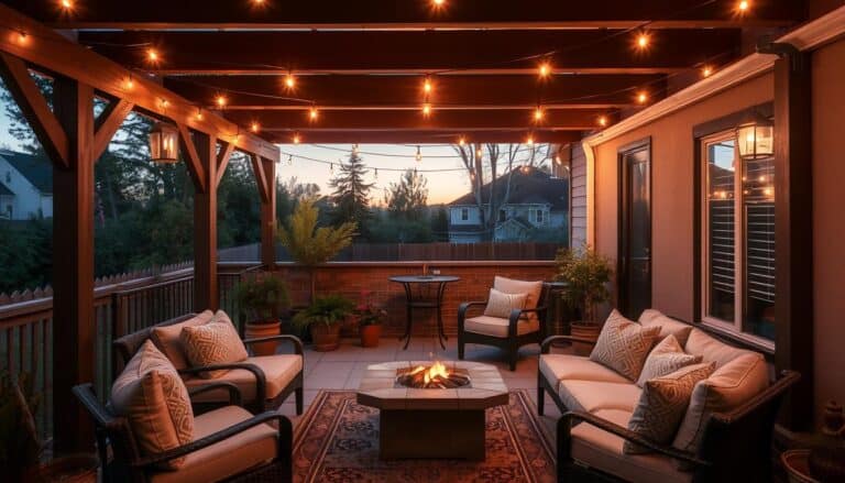 A beautifully decorated cozy patio with string lights, comfortable seating, and potted plants
