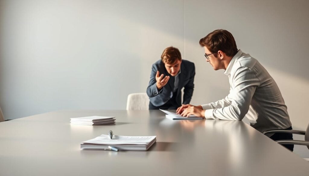 A boardroom table set against a neutral gray background, the surface reflecting the warm glow of soft, focused lighting. On the table, a stack of papers and a pen resting near the edge, suggesting a recent discussion. Two figures, one gesturing emphatically, the other leaning forward, engaged in a feedback session. Their expressions convey a sense of mutual understanding, with an atmosphere of constructive dialogue. The scene captures the delicate balance of delivering actionable feedback in a professional setting.