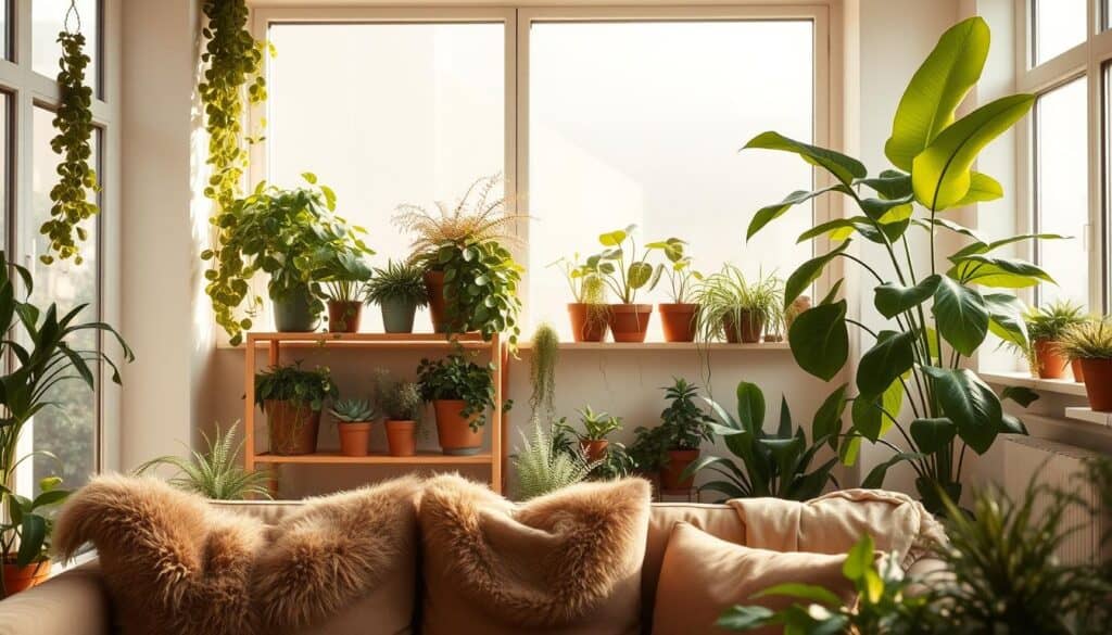 A bright, airy indoor space filled with lush, thriving houseplants of various sizes and species. Soft, diffused natural light filters in through large windows, casting a warm, tranquil glow. In the foreground, a cozy seating area with plush, earthy-toned textiles invites you to pause and be present. Potted succulents, ferns, and trailing vines adorn a minimalist wooden shelving unit, while a large, leafy plant stands tall in the corner. The overall atmosphere is one of serene, mindful living - a calming oasis of greenery that nourishes the senses and inspires a sense of harmony with nature.