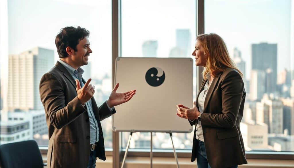 A brightly lit office setting, with a large window overlooking a bustling city skyline. In the foreground, two people are engaged in a discussion, one gesturing animatedly while the other listens intently. The body language suggests a constructive, respectful exchange, with the participants maintaining eye contact and open postures. In the middle ground, a whiteboard showcases a yin-yang symbol, symbolizing the balance between positive and negative feedback. The background is softly blurred, conveying a sense of focus on the central interaction. The lighting is warm and natural, creating a professional yet inviting atmosphere. The overall composition suggests the nuanced process of handling criticism effectively, with an emphasis on open communication and a balanced perspective.