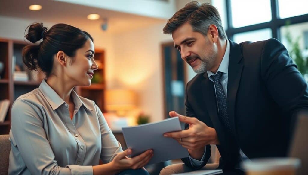 A compassionate business leader delivering constructive feedback to a thoughtful employee. The scene is set in a cozy, professional office with warm lighting and a sense of openness. The leader leans forward, their expression kind yet focused, as they gently guide the employee through areas for improvement. The employee listens intently, their body language receptive, reflecting on the feedback. The atmosphere conveys mutual respect and a shared desire for growth and development.