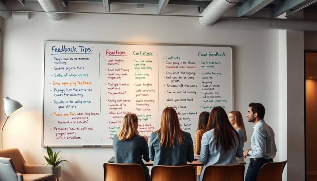 A contemporary office setting, with a large whiteboard or chalkboard taking center stage. The board is filled with clear, structured feedback tips written in bold, vibrant colors, arranged in a visually engaging manner. In the foreground, a group of professionals engaged in a lively discussion, their body language indicating an open, collaborative atmosphere. Soft, indirect lighting casts a warm, productive glow, while the background features minimalist furniture and clean lines, creating a modern, professional ambiance. The overall scene conveys the importance of providing specific, constructive feedback to enhance personal and team development.