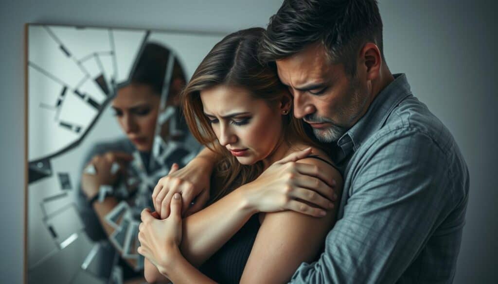 A couple embraced tightly, faces contorted with anguish, shadows of doubt and fear clouding their expressions. In the background, a shattered mirror reflects their fragmented relationship, the glass scattered like shards of broken trust. Soft, muted lighting casts an air of melancholy, while the depth of field blurs the surrounding environment, focusing the viewer's attention on the raw, emotional turmoil unfolding. This image captures the profound psychological impact of jealousy, the insecurities and mistrust that can tear even the strongest bonds asunder.
