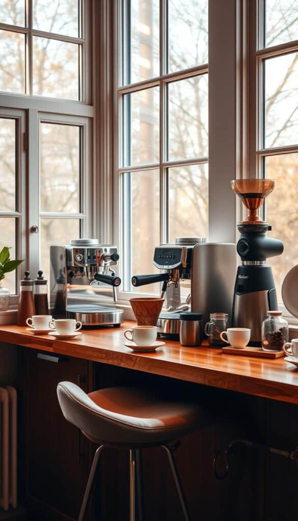 A cozy and inviting home barista setup, bathed in warm, soft lighting. On a wooden countertop, a sleek espresso machine takes center stage, its chrome accents gleaming. Nearby, a burr grinder stands ready to freshly grind the aromatic coffee beans. A set of artisanal mugs and a small collection of coffee-themed decor add personal touches. A plush, ergonomic stool invites the barista to sit and savor the brewing process in comfort. Large windows flood the space with natural light, creating a tranquil atmosphere perfect for a leisurely morning ritual. The overall scene exudes a sense of harmony, practicality, and elevated everyday luxury.