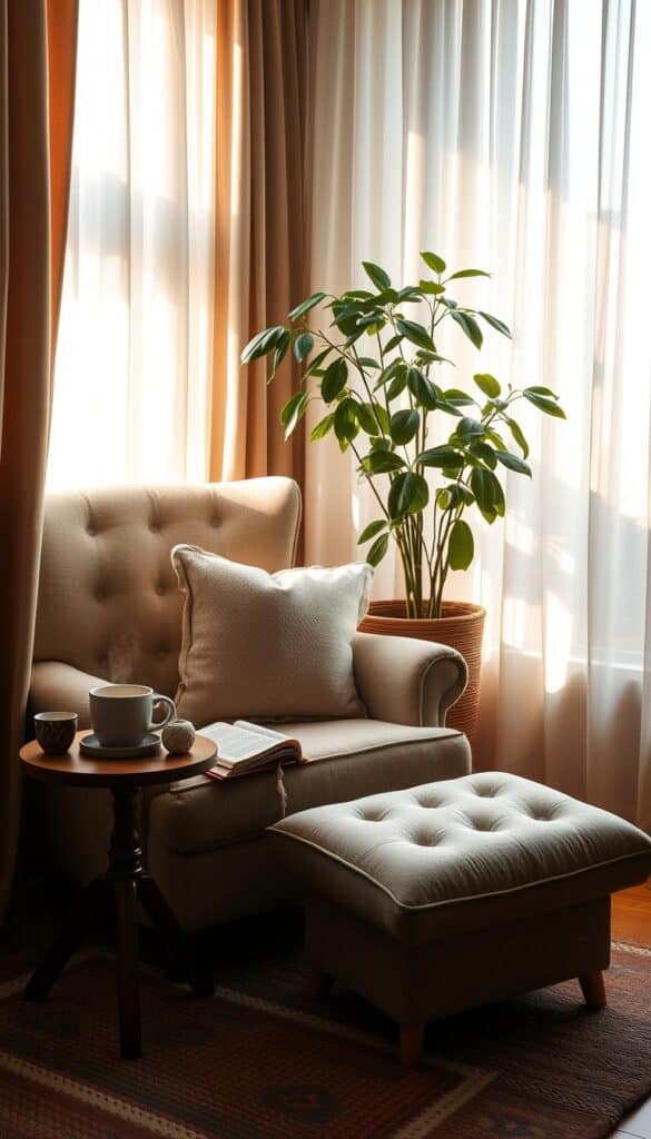 A cozy and inviting reading nook, with a plush armchair and footrest nestled in a sun-drenched corner. Soft, natural lighting filters through sheer curtains, casting a warm glow on the space. A small, wooden end table holds a well-worn book, a steaming mug, and a few decorative accents. In the background, a large, potted plant adds a touch of greenery, while a textured area rug grounds the arrangement. The overall atmosphere is one of tranquility and relaxation, perfectly suited for an intimate and comfortable reading experience.