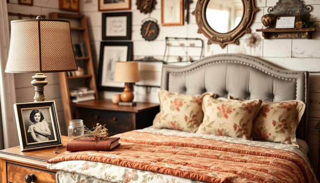 A cozy and inviting vintage-inspired bedroom, filled with personal touches that evoke a sense of warmth and nostalgia. In the foreground, a weathered wooden nightstand supports a vintage-style table lamp with a patterned shade, casting a soft glow. Atop the nightstand, a framed black-and-white photograph of a loved one sits alongside a well-worn leather-bound journal and a cluster of delicate dried flowers in a mason jar. In the middle ground, a plush, tufted headboard in a muted floral pattern creates a focal point, while a hand-stitched quilt in earthy tones and textures adorns the bed. The background features a distressed wood-paneled wall, with a collection of framed art and vintage-inspired wall decor, including a rustic mirror and a small, decorative shelf holding sentimental trinkets.