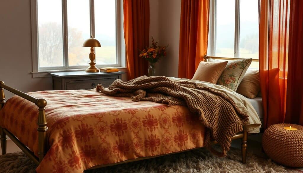 A cozy autumn bedroom in warm, muted tones. In the foreground, a plush, patterned duvet cover in shades of rust, ochre, and olive covers a vintage brass bed frame. Layered atop are a chunky knit throw blanket and floral-printed accent pillows. A lush, textured area rug in earthy hues grounds the scene. In the middle ground, a distressed wooden nightstand holds a tarnished brass table lamp, casting a soft, amber glow. In the background, gauzy, rust-colored curtains frame a window overlooking a misty autumn landscape. The overall atmosphere is one of comfort, nostalgia, and seasonal tranquility.