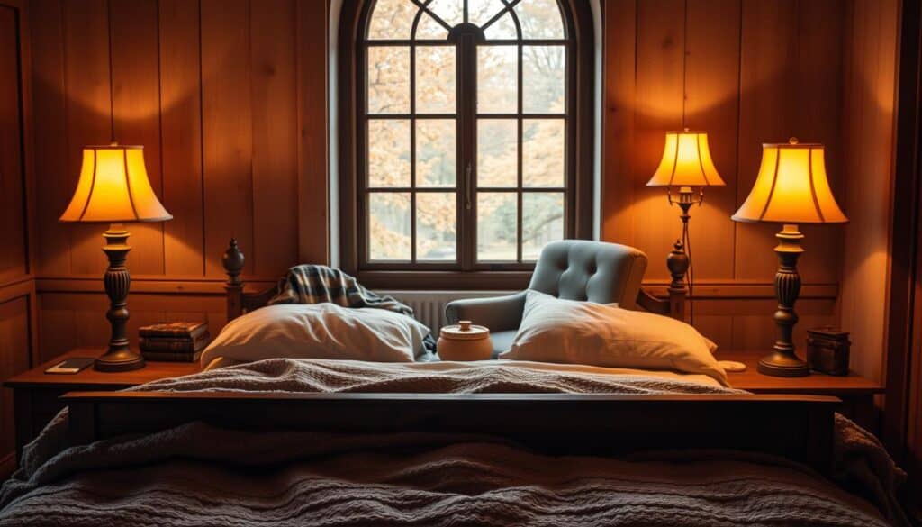 A cozy autumn bedroom scene with vintage-inspired lighting and decor. In the foreground, a weathered, wooden bedframe with a plush, textured quilt. On the nightstands, antique lamps with amber-tinted glass shades cast a warm, inviting glow. In the middle ground, a rustic armchair and side table, accented by a plaid throw and a stack of well-worn books. In the background, a tall, arched window frames an autumnal landscape, the muted colors of the changing leaves visible through the panes. The overall mood is one of comfort, nostalgia, and an appreciation for timeless design.