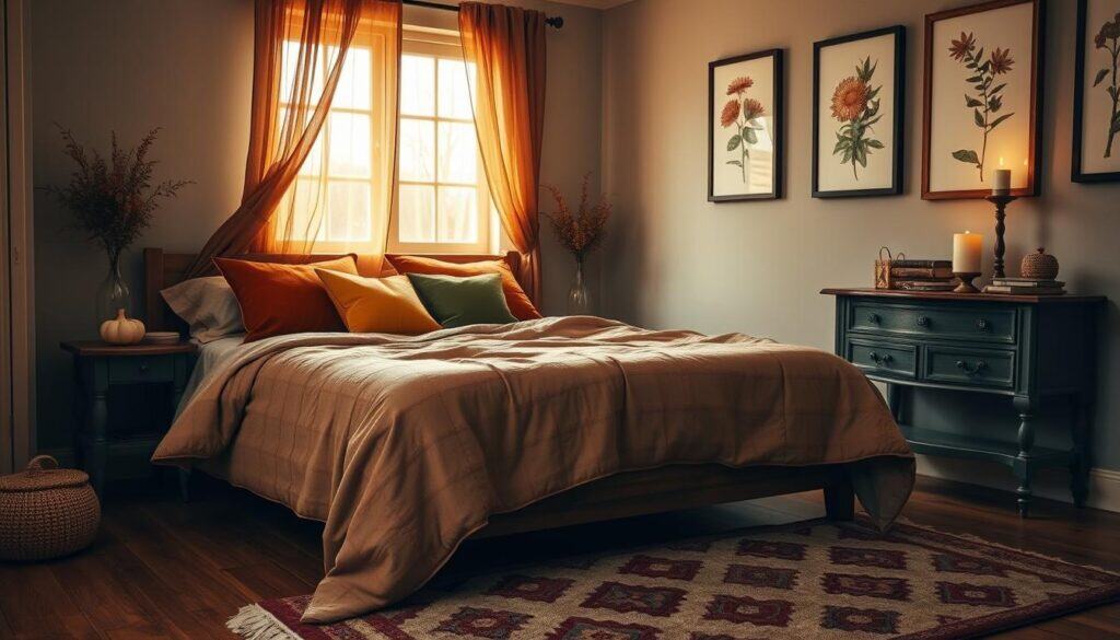 A cozy autumn bedroom with a warm, inviting color palette. The scene features a plush, earth-toned quilt atop a wooden bed frame, complemented by rich velvet throw pillows in shades of ochre, rust, and olive green. Wispy, gossamer curtains frame the window, filtering in soft, golden light. A vintage-inspired nightstand holds a single lit candle, casting a gentle glow across the room. The walls are adorned with framed botanical prints in muted tones, creating a tranquil, nature-inspired ambiance. Hardwood floors are accented by a plush, patterned area rug in autumnal hues. The overall atmosphere evokes a sense of timeless, vintage-inspired fall charm.