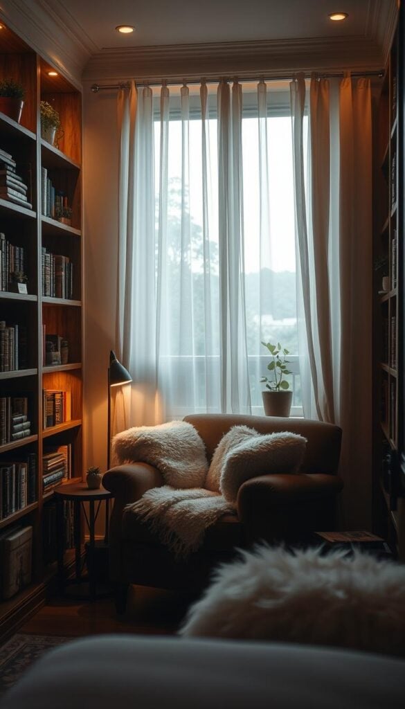 A cozy bookshelf nook bathed in warm, soft lighting, showcasing an inviting arrangement of books, decorative accents, and plush seating. The bookshelves are built into a recessed alcove, creating a sense of intimacy and envelopment. Wooden shelves with subtly distressed textures hold a curated collection of leather-bound volumes, framed artwork, and small potted plants. An overstuffed armchair with a fluffy throw blanket beckons readers to sink in and get lost in their literary adventures. Ambient light filters through sheer curtains, casting a gentle glow and hinting at the serene environment beyond. This harmonious, thoughtfully designed space evokes a sense of comfort, escape, and the joys of bibliophilia.