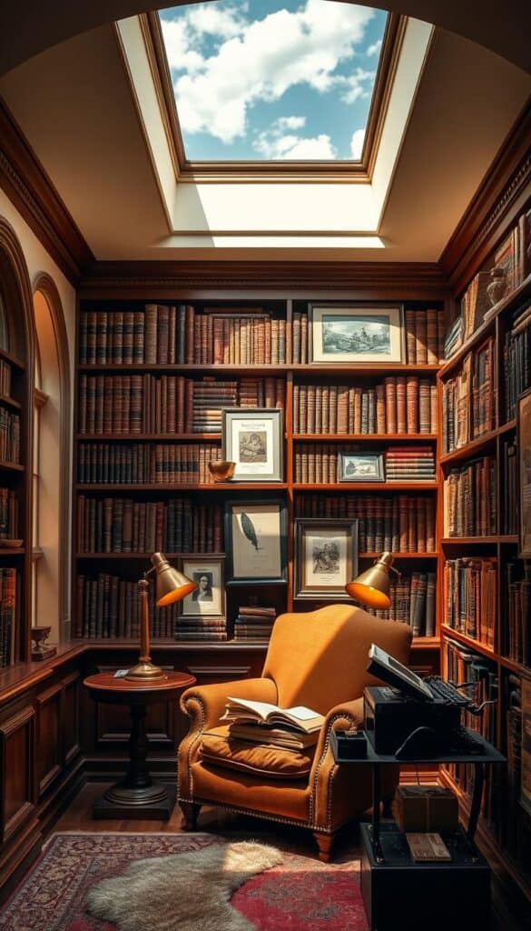 A cozy bookshelf nook with intricate literary decor. Sunlight filters through arched windows, casting a warm glow on the mahogany shelves brimming with leather-bound classics and antique volumes. Brass reading lamps illuminate an overstuffed armchair, inviting one to sink in and get lost in the pages. Framed vintage book covers, quill pens, and a typewriter accent the space, creating an atmosphere of scholarly contemplation. Ornate moldings and a plush area rug ground the scene, while a skylight above offers a view of the clouds drifting by, transporting the reader to another time and place.