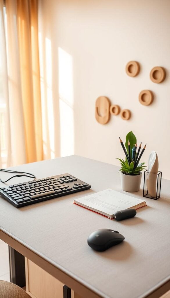 A cozy desk setting with warm, natural lighting from a large window. On the surface, an ergonomic keyboard, a sleek mouse, and a minimalist desk organizer holding pens, pencils, and a stylish notebook. A potted plant and a small decorative sculpture add subtle pops of greenery and texture. The desktop is complemented by a soft, neutral-toned desk pad. In the background, a simple, uncluttered wall decor with natural wood accents creates a serene, productive atmosphere.