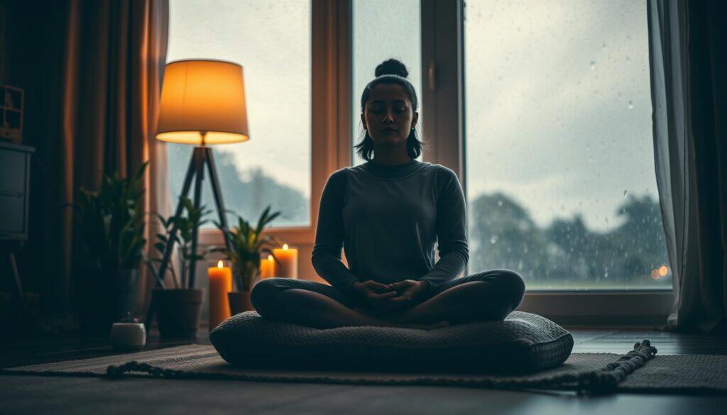 A cozy, dimly lit room on a rainy day. In the foreground, a person sits cross-legged on a plush meditation cushion, eyes closed, hands resting gently on their lap. Soft, warm lighting from a nearby lamp casts a peaceful glow, complementing the pitter-patter of rain against the window. In the middle ground, plants and candles create a serene, natural atmosphere. The background blurs into a hazy, rainy landscape, emphasizing the tranquility and inward focus of the meditative practice. The overall mood is one of introspection, mindfulness, and self-care on a cozy, rainy day at home.