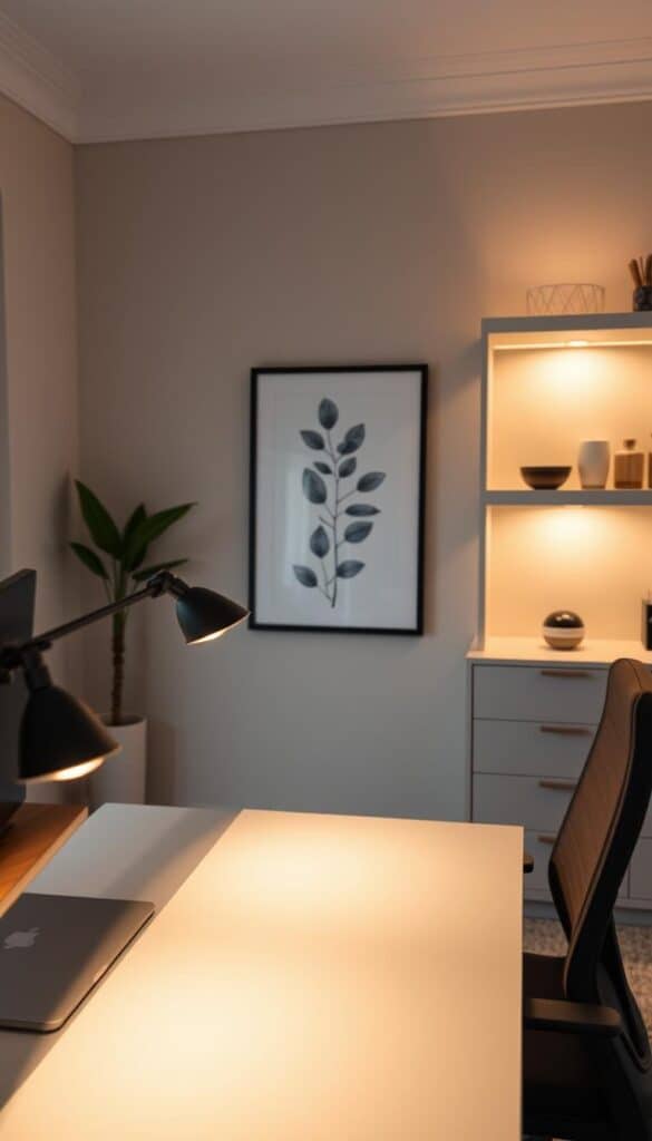 A cozy, ergonomic home office with a modern, minimalist design aesthetic. In the foreground, a clean, height-adjustable desk with a sleek, uncluttered workspace. On the desk, a high-quality, ergonomic office chair with ample lumbar support and plush, breathable upholstery. Subtle, warm ambient lighting illuminates the space, creating a calming, productive atmosphere. In the middle ground, a large, framed botanical print adds a touch of natural elegance. The background features a neutral-toned accent wall, complemented by clean-lined shelving displaying tasteful, decorative accents. Gentle shadows and diffused lighting evoke a sense of tranquility and focus, inspiring all-day productivity.