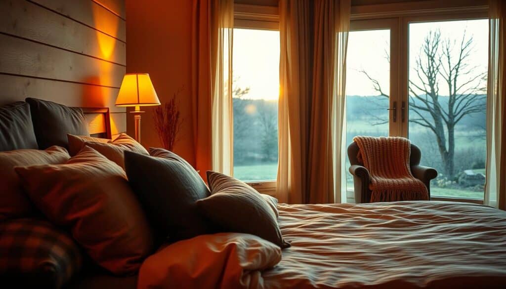 A cozy fall bedroom scene bathed in warm, intimate lighting. In the foreground, a plush bed with soft, inviting linens and pillows in autumnal hues. On the bedside table, a brass table lamp casts a gentle glow, its light reflecting off the wooden surfaces. In the middle ground, a large window overlooking a scenic, tree-lined landscape, the fading daylight filtering through sheer curtains. In the background, a rustic armchair nestled in the corner, a cozy knit throw draped over its back. The overall atmosphere is one of tranquility and comfort, perfect for setting the mood on a chilly fall evening.
