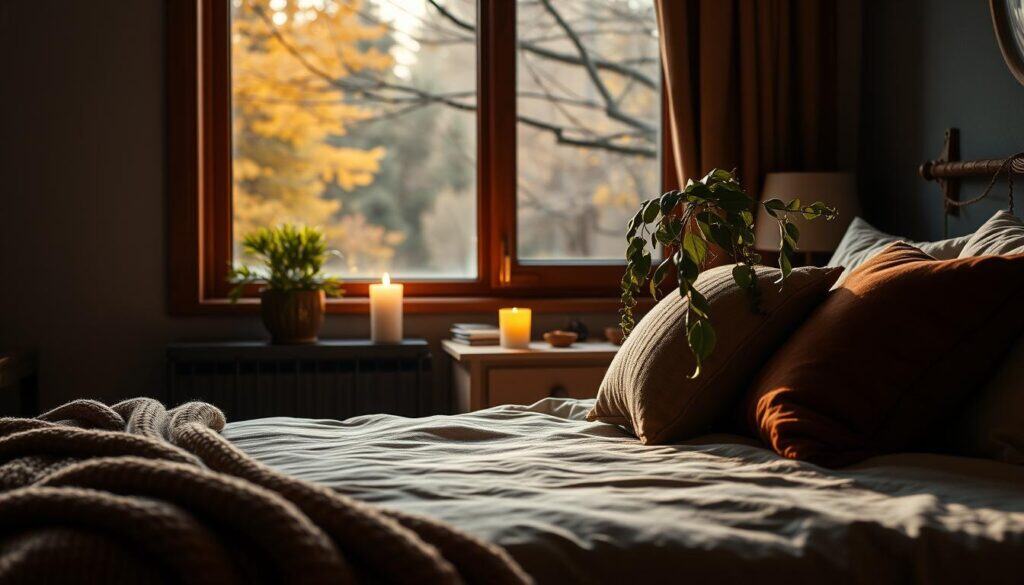 A cozy fall bedroom scene with a warm, moody atmosphere. In the foreground, a plush bedding set in earthy tones, accented by a soft knit throw and decorative pillows. On the nightstand, a potted plant with lush, cascading leaves and a single lit candle casting a gentle glow. In the middle ground, a large window overlooking an autumnal landscape, with swaying branches and colorful foliage visible outside. The lighting is a mix of natural daylight and the soft, ambient glow of the candle, creating a serene and inviting ambiance. The camera angle is slightly elevated, capturing the full scene and emphasizing the harmonious blend of natural elements.