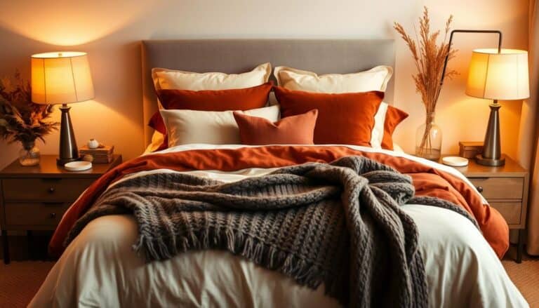 A cozy fall bedroom with layers of rust-colored and cream bedding, amber lighting, and subtle autumn decor elements