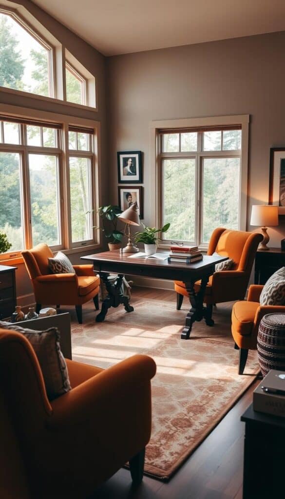 A cozy, inviting office space with a warm, earthy color palette. The room is filled with natural light, streaming through large windows that overlook a lush, green landscape. A sturdy, wooden desk sits in the center, adorned with a vintage lamp, a stack of books, and a potted plant. Plush, burnt orange armchairs flank the desk, complemented by a rug with a geometric pattern in muted tones. The walls are painted in a soft, neutral hue, with a few pieces of framed artwork adding pops of color. Soft, ambient lighting casts a gentle glow, creating an atmosphere of comfort and productivity.