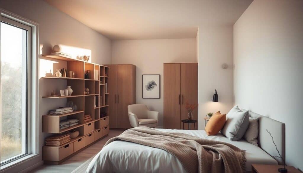 A cozy, minimalist small bedroom with natural light streaming through a large window, casting a warm glow on the space. In the foreground, a neatly organized storage solution consisting of floating shelves, modular cubbies, and discreet under-bed drawers. Subtle pops of earthy tones in textiles and accents create a serene, autumnal ambiance. The middle ground features a tranquil reading nook with a plush armchair and a side table for essentials. In the background, a neutral color palette and clean lines emphasize the calming, uncluttered feel of the space. The lighting is soft and diffused, adding to the intimate, relaxing atmosphere.