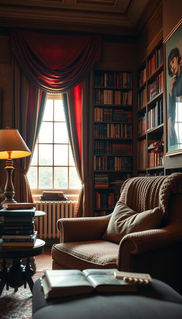 A cozy reading nook, bathed in warm, soft lighting. In the foreground, a plush armchair upholstered in a textured, earthy-toned fabric. Nearby, a side table with a stack of well-worn books and a vintage table lamp. In the middle ground, a floor-to-ceiling bookshelf, its shelves adorned with vibrant, patterned throw pillows and a chunky knit blanket draped invitingly. The background features a large window, framed by heavy, opulent curtains in a rich, jewel-toned hue, casting a gentle glow over the entire scene. The atmosphere is one of comfort, relaxation, and the pure joy of getting lost in the written word.