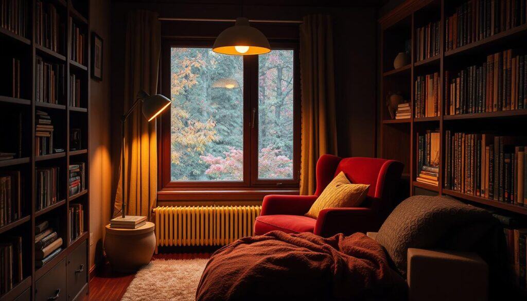 A cozy reading nook in a small, intimate bedroom. Soft, warm lighting from a floor lamp creates a moody, autumnal atmosphere. Lush velvety armchair in a deep burgundy hue, nestled in the corner by a large window that frames an outside view of fall foliage. Wooden bookshelves line the walls, filled with well-worn tomes. A plush area rug in earthy tones underfoot. Throw pillows and a cozy blanket in complementary textures and shades of orange, brown, and olive green. The scene evokes a sense of coziness, introspection, and quiet contemplation, perfect for curling up with a good book on a chilly autumn day.