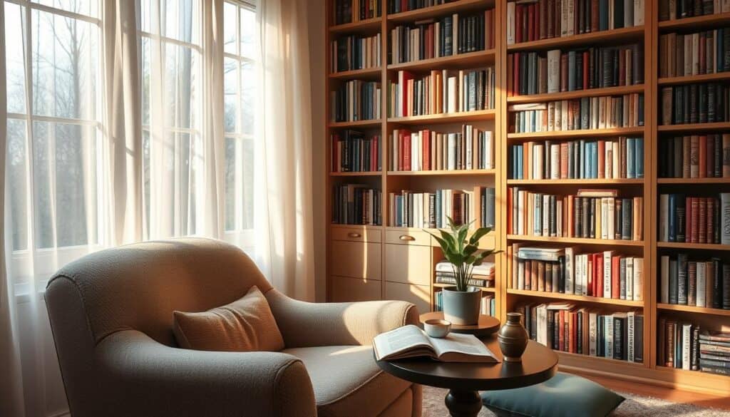 A cozy reading nook with a plush armchair, soft lighting, and floor-to-ceiling bookshelves. Sunlight filters through sheer curtains, casting a warm glow. On a side table, a potted plant and a cup of tea sit beside an open book. Meditation cushions and a mindfulness bell invite quiet contemplation. The space evokes a sense of calm and introspection, perfect for diving into a good book on a rainy day at home.