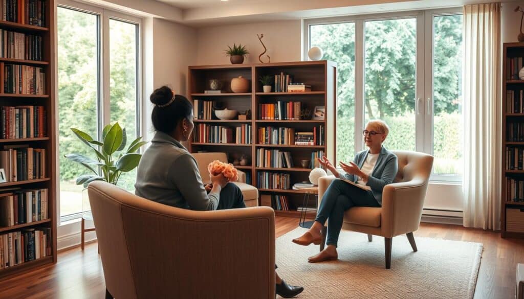 A cozy, soothing therapy office with warm lighting and soft, earthy tones. In the foreground, a patient sits on a plush armchair, their body language conveying deep introspection as they engage with a compassionate therapist seated across from them. The therapist's expression is one of empathy and understanding, guiding the patient through the complexities of their jealousy. Bookshelves line the walls, exuding a sense of intellectual refuge, while a large window in the background offers a glimpse of a tranquil, verdant outdoor scene, symbolizing the potential for growth and healing.