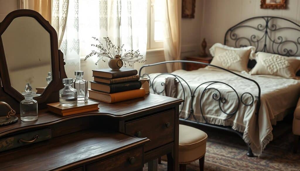 A cozy vintage-inspired bedroom with soft natural lighting filtering through lace curtains. In the foreground, an antique vanity with a worn wooden frame, adorned with delicate glass perfume bottles, a silver-backed hand mirror, and a vintage jewelry box. On the middle dresser, a cluster of weathered books, a ceramic bud vase holding wildflowers, and a tarnished clock. In the background, a wrought-iron bed frame with a plush quilt and lace-trimmed pillows, complemented by a distressed armchair and a worn area rug. The overall atmosphere is one of timeless elegance and lived-in charm.