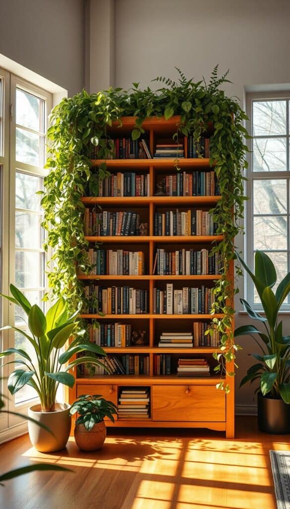 A cozy, well-lit bookcase stands in a sun-dappled room, its wooden shelves adorned with lush, verdant plants cascading over the edges. Soft, warm lighting bathes the scene, creating a inviting, natural ambiance. The bookcase's design features clean, minimalist lines, complemented by the organic shapes of the greenery. Framed by large windows, the bookcase is the focal point of the space, drawing the eye with its harmonious blend of books, plants, and earthy tones. A wide-angle lens captures the entire vignette, allowing the viewer to fully immerse themselves in this serene, nature-inspired setting.