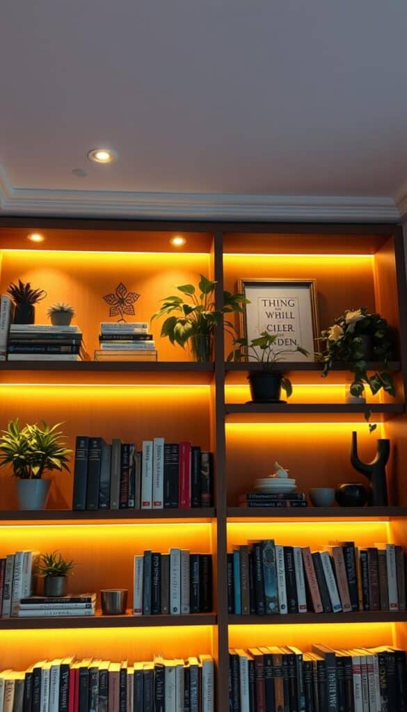 A cozy, well-lit bookshelf display with strategically placed warm lighting fixtures casting a soft, inviting glow. The shelves are adorned with a curated selection of hardcover books, potted plants, and decorative objects, creating a harmonious and visually interesting composition. The lighting is a combination of recessed ceiling spotlights and decorative sconces, highlighting the textures and colors of the bookshelf's contents. The lighting angles and intensities are carefully designed to create depth, draw the eye to key focal points, and establish a soothing, intimate atmosphere. The overall scene evokes a sense of comfort, knowledge, and personal style.