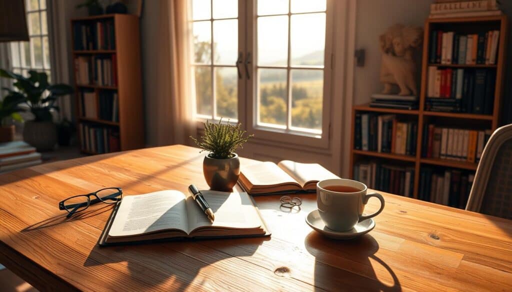 A cozy, well-lit home office, illuminated by warm natural light pouring through large windows. In the foreground, a wooden desk with an open journal, a fountain pen, and a cup of tea, inviting the viewer to engage in thoughtful self-reflection. On the desk, a potted plant and a pair of reading glasses, symbols of growth and focus. The middle ground features a bookshelf filled with volumes on personal development, psychology, and philosophy, hinting at the intellectual pursuit of self-improvement. The background showcases a serene, natural landscape visible through the windows, evoking a sense of balance and harmony. The overall atmosphere is one of tranquility, introspection, and a commitment to personal growth.