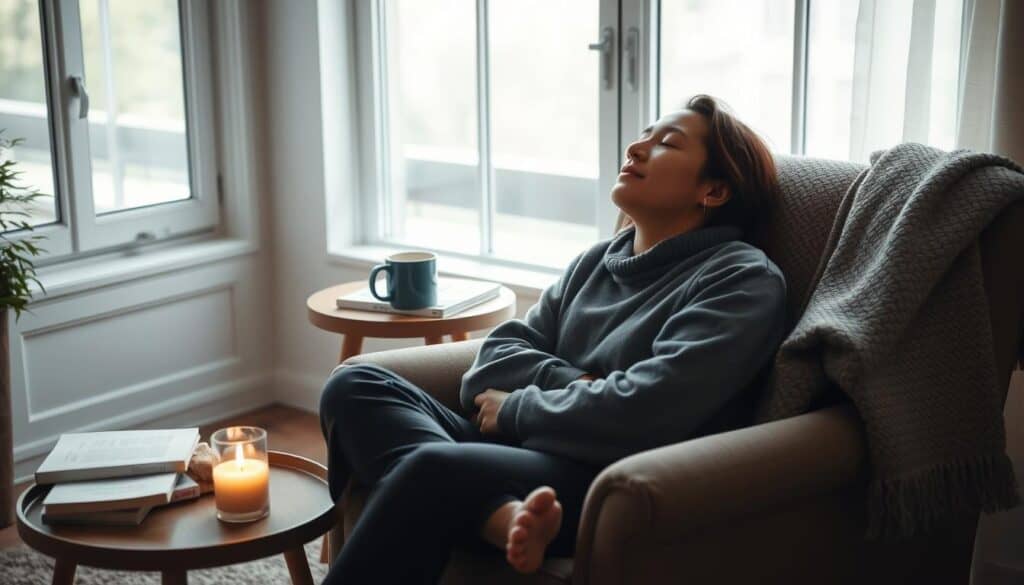 A cozy, well-lit living room with a comfortable armchair, a small side table, and a plush throw blanket. Soft, natural lighting filters in through large windows, creating a serene and tranquil atmosphere. On the side table, a mug of steaming tea, a book, and a scented candle flicker gently. In the foreground, a person sits curled up in the chair, eyes closed, deeply immersed in a moment of peaceful relaxation. The room is filled with a sense of quiet contemplation and personal rejuvenation.