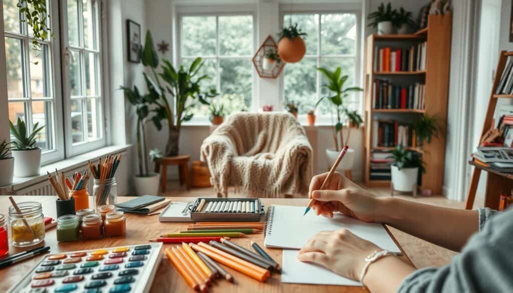 A cozy, well-lit studio space, with natural light filtering through large windows. On a wooden table, an array of craft supplies - paints, colored pencils, sketchpads, and various art materials. In the foreground, a person's hands are engaged in a creative activity, perhaps painting or drawing. The middle ground features a comfortable chair and a warm, knitted blanket, inviting relaxation. In the background, potted plants and shelves filled with books create a serene, inspirational atmosphere. The overall mood is one of tranquility, mindfulness, and the joy of engaging in creative self-care on a rainy day at home.