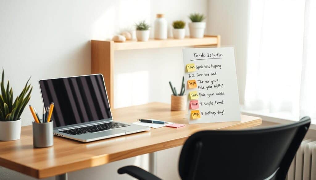 A cozy, well-lit workspace with a wooden desk and ergonomic chair. On the desk, a laptop, a pen holder, and a to-do list neatly divided into manageable steps. The steps are represented by colorful sticky notes, each with a simple, actionable task. Soft natural light floods the scene, creating a calm and focused atmosphere. In the background, a minimalist shelf holds a few potted plants and organizational tools, emphasizing the importance of a clutter-free, productive environment. The overall composition conveys a sense of control and productivity, inspiring the viewer to tackle their own overwhelming tasks by breaking them down into achievable steps.