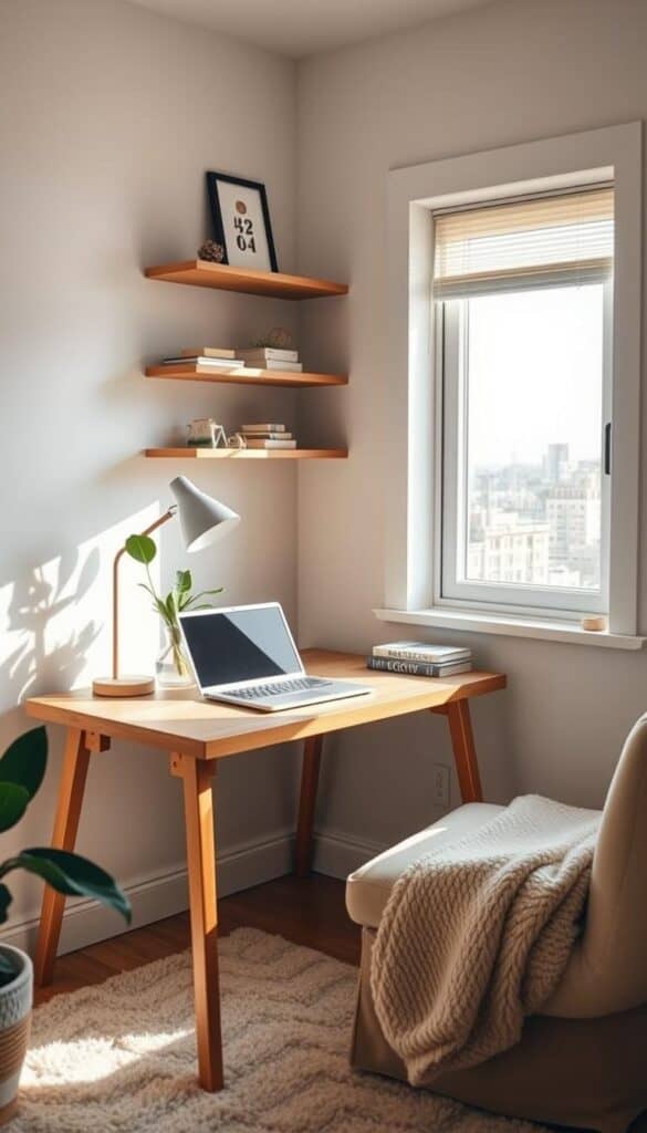 A cozy, well-organized home office setup in a small, sun-drenched space. Minimalist wooden desk with a potted plant, a sleek laptop, and a desk lamp casting a warm glow. Floating shelves above display a few artful objects and books. The room is filled with natural light through a large window, creating a serene and productive atmosphere. Soft textiles like a plush rug and a comfy chair in a muted color palette complete the stylish yet functional design. The layout is efficient, making the most of the limited square footage while exuding a sense of calm and inspiration.
