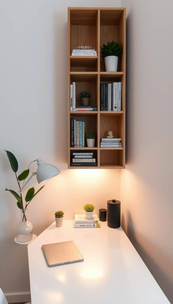 A cozy, well-organized small desk space with a vertical storage solution. In the foreground, an elegant white desk with clean lines and minimal accessories. Above, a tall, slim shelving unit in natural wood, its compartments neatly arranged with books, plants, and decorative trinkets. Warm, diffused lighting casts a soft, inviting glow, creating a serene and productive atmosphere. The composition is balanced, with the vertical storage seamlessly integrated into the overall design. The scene conveys a sense of efficiency, tranquility, and inspiration - the perfect environment for focused work in a limited space.