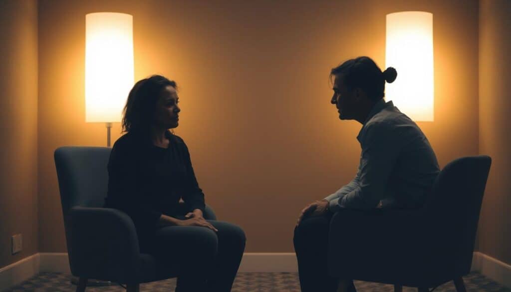 A dimly lit counseling room, the walls adorned with soothing earth tones. In the center, two individuals sit facing each other - one radiating a tense, anxious energy, the other projecting an empathetic, calming presence. Soft, diffused lighting casts gentle shadows, creating an atmosphere of introspection and vulnerability. The client's expression reflects a turbulent inner struggle, while the therapist leans forward, offering a listening ear and professional guidance. The scene conveys the delicate process of navigating the complexities of toxic jealousy through the lens of a therapeutic encounter.